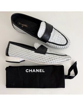 CHANEL CC Penny Loafers Womens White Black Woven Leather Slip On Shoes Size 39